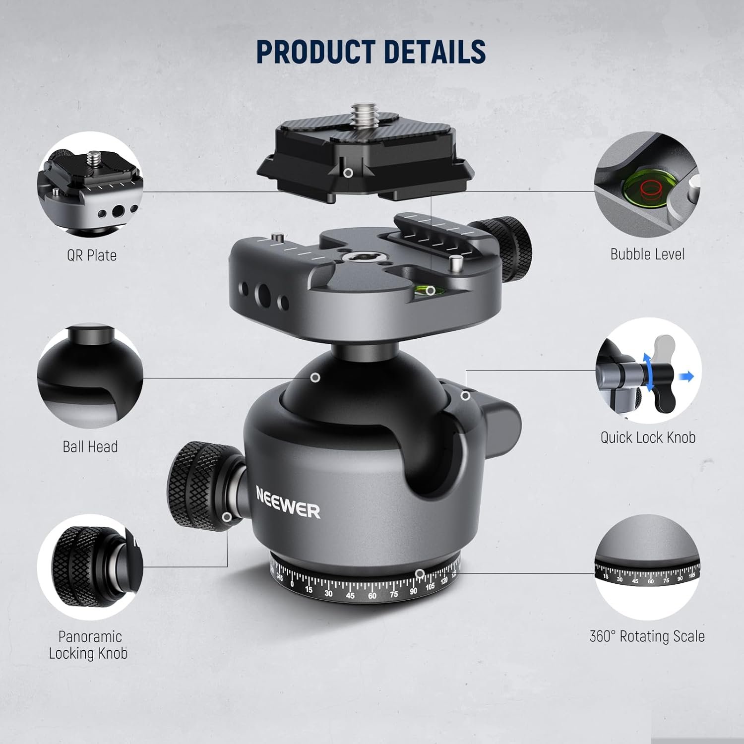 NEEWER GM41 Low Profile Tripod Ball Head, 40mm Metal Panoramic Camera Mount Adapter with 1/4" Arca Type QR Plate Compatible with Peak Design Capture Camera Clip, 360° Swivel & 90° Tilt, Max Load 22lb - Image 7
