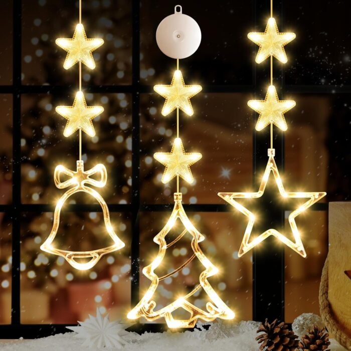 [Timer] 3Pcs Christmas Window Lights Decorations,Battery Powered Christmas Hanging Warm White Lighted Tree Bell Star Shaped LED Sucker for Xmas Tree Fireplace Indoor Outdoor Decor