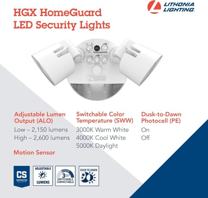 Lithonia Lighting HGX LED 2RH ALO SWW2 120 PIR WH M2 HomeGuard Security Flood Lights 2150-2600 Lumens, 2-Light, Photocell Sensor and Motion Detection, White - Image 3