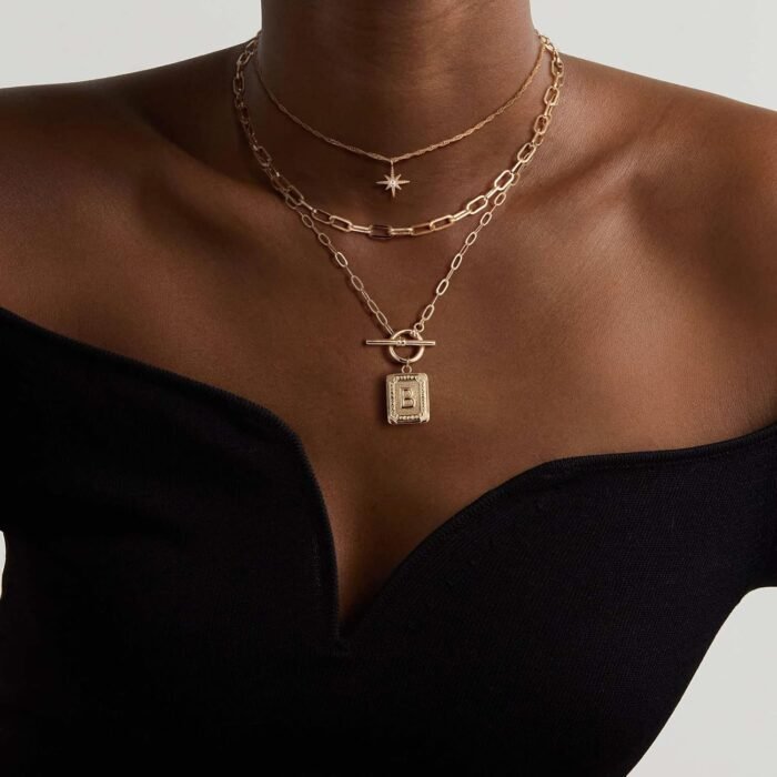 MJartoria Layered Initial Necklaces for Women Trendy, 14K Gold Plated Simple Star Choker Square Letter Pendant Necklace, Paperclip Chain Necklace, Gold Necklaces Jewelry Gifts - Image 4