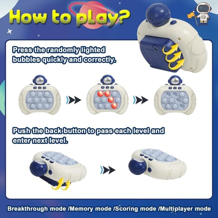 Quick Push Game Fidget Toys Pro for Kids Adults, Handheld Game Fast Puzzle Game Machine, Push Bubble Stress Toy, Relief Party Favors, Xmas Gifts for Boys (Blue Astronaut) - Image 3