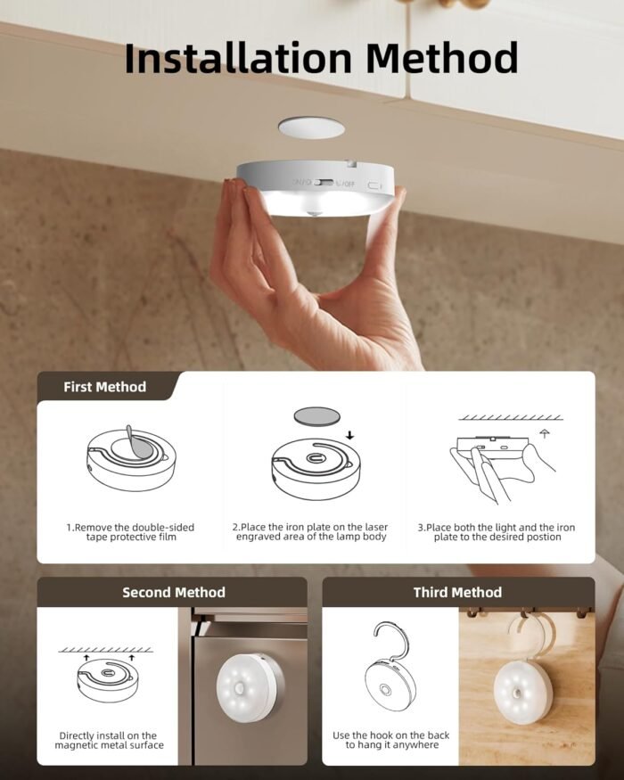 EZVALO LED Under Cabinet Lighting,1000mAh Rechargeable Puck Lights with Remote,3 Color Temps & 12 RGB Motion Sensor Closet Lights Indoor, Dimmable Under Counter Lights for Kitchen, Shelf (6 Packs) - Image 9