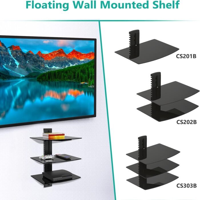 WALI Floating Entertainment Center Shelves, Holds Up to 17.6lbs, TV Shelf with Strengthened Tempered Glasses for DVD Players, Cable Boxes, Games Consoles, TV Accessories (CS303B), 3 Shelf, Black - Image 6