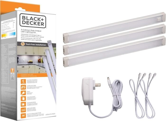 BLACK+DECKER LED Under Cabinet Lighting Kit, 3-Bars, 9 Inches Each, DIY Tool-Free Installation, Warm White, 2700K, 1080 Lumens, 15 Watts, Home Accent (LEDUC9-3WK)