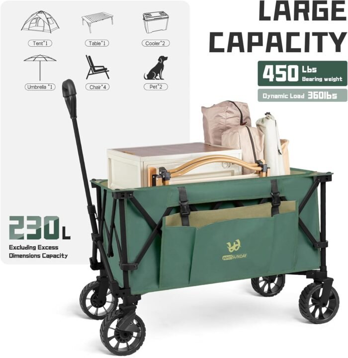 Whitsunday Folding Collapsible Wagon,Camping Large Capacity Heavy Duty Wagon Outdoor Park Beach Wagon Cart with Table Top,Utility Grocery Wagon for Camping Sports Outdoor Shopping Green - Image 3