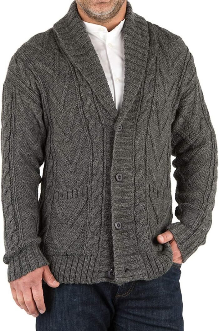 Irish Aran Men's Bulky Knit Button Down Sweater with Shawl Collar & Pockets in Alpaca Wool Blend