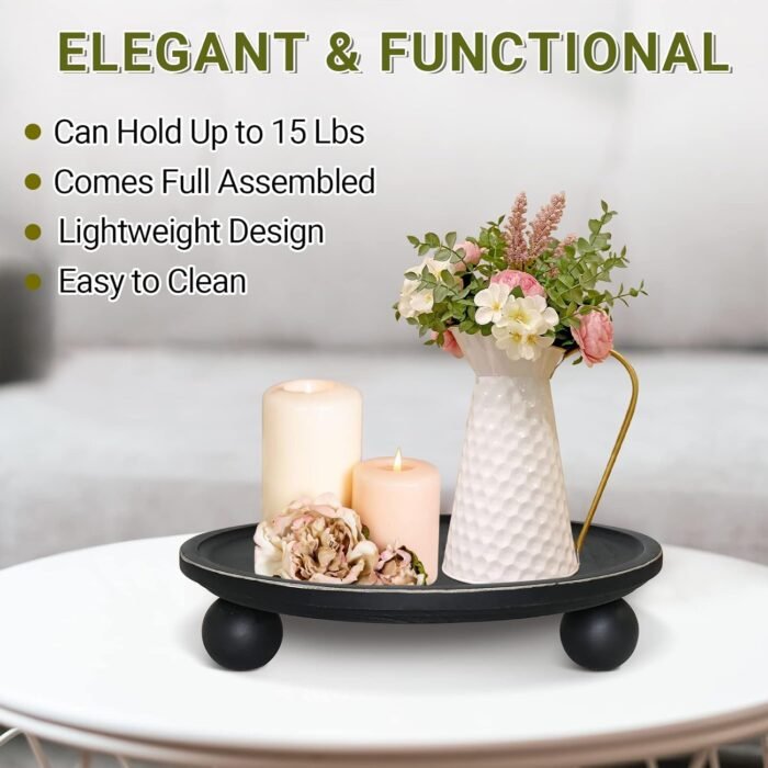 SOWA Farmhouse Wood Tray Risers for Display, Wooden Decorative Tray for Kitchen Decor, Pedestal Stand for Countertop, Round Tray with Risers - Image 3