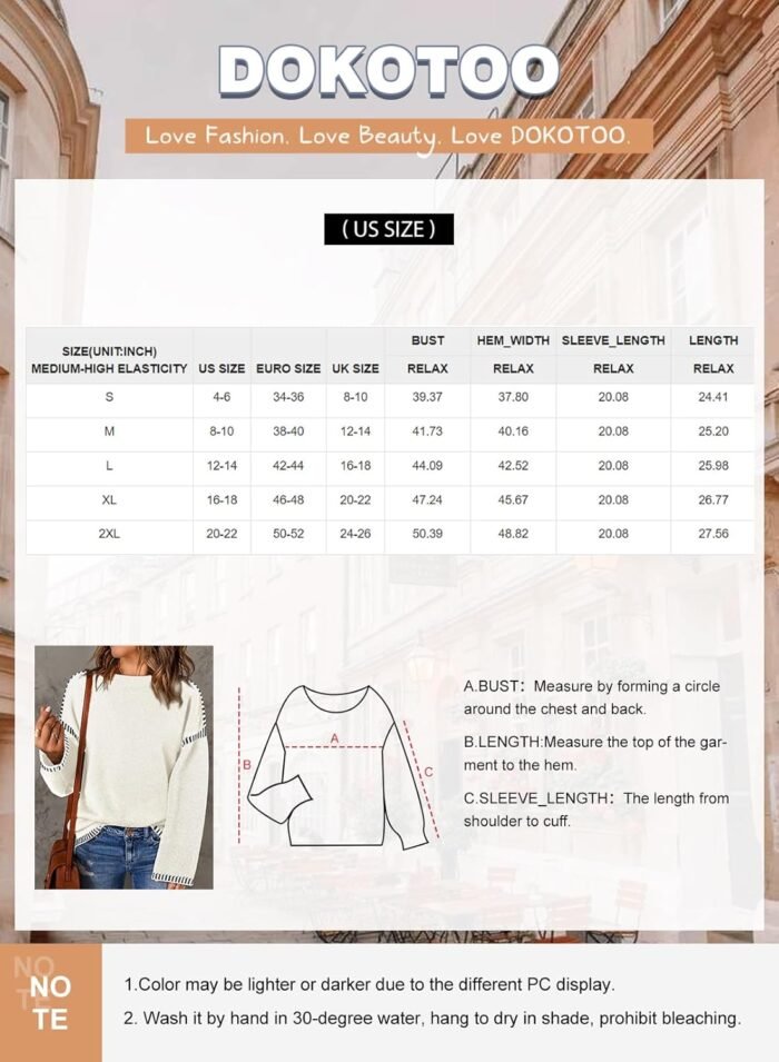 Dokotoo Sweaters for Women Fashion Solid Crewneck Loose Fit Long Sleeve Contrast Cable Knit Pullover Sweater Jumper Tops - Image 6