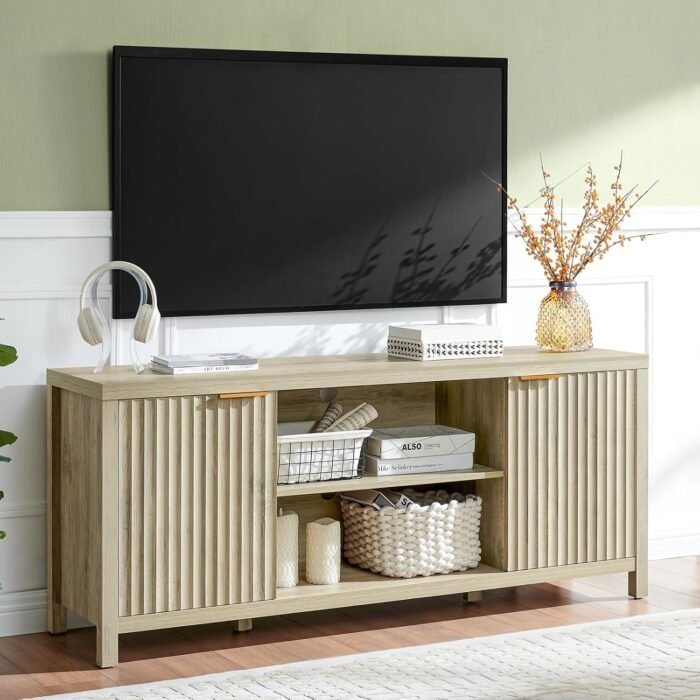 Fluted TV Stands for Living Room, Heavy Duty Entertainment Center with Storage, Mid Century Modern Television Stands for 50/55/60/65 TV, Oxford Media TV Console (Medium,Sunwashed Ash Oak) - Image 2