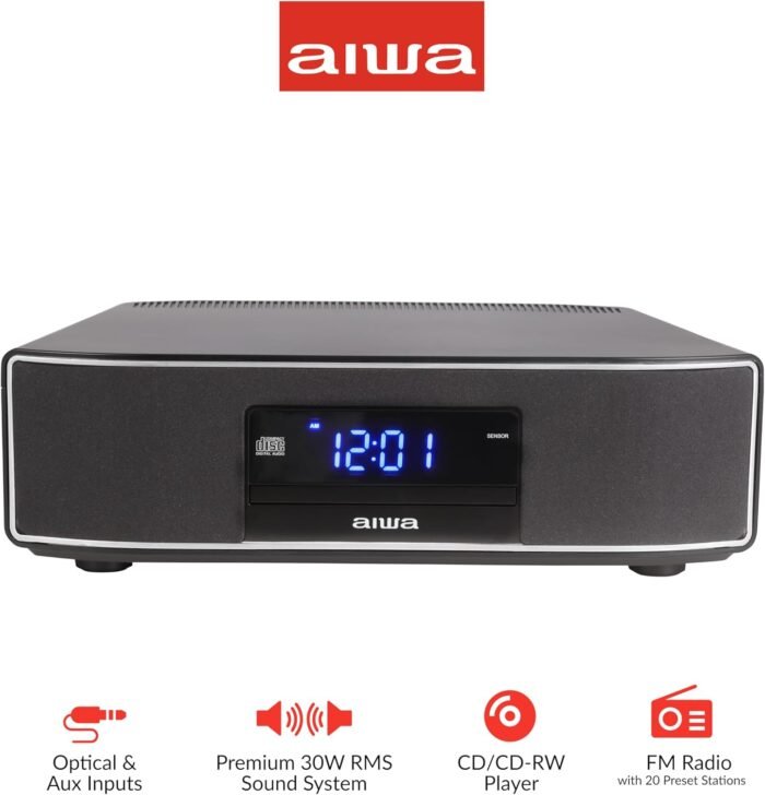 AIWA Exos Home Speaker, Premium 30W RMS Sound System with CD Player, Bluetooth Connectivity, FM Radio, Optical Digital Input, Dual 1” Tweeters + Dual 2” Bass Units, IR Remote Control - Image 2