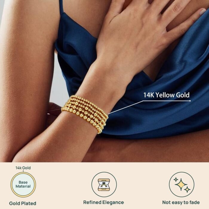 adoyi Gold Bracelets for Women, 14K Gold Plated Beaded Bracelets Gold Stretch Bead Ball Bracelet stack Set Adjustable Bracelet Set Jewelry for Gifts - Image 3