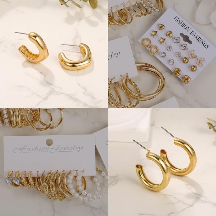 45 Pairs Gold hoop Earring Set for Women, Fashion Stud Pearl Earrings Multipack, Hypoallergenic Twisted Heart Earring Pack, Gold Hoops Earrings for Party Jewelry with Gift Bag - Image 8