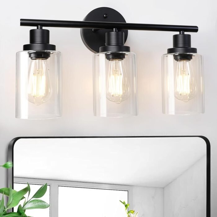 Unicozin Modern Bathroom Light Fixtures, 3 Light Vanity Lights, Black Wall Lamp with Clear Glass for Bathroom, Mirror, Living Room, Bedroom, Hallway, E26 Base - Image 8
