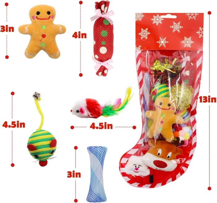 Christmas Stocking Cat Toys, 12PCS Xmas Cat Toy Set with Mouse, Squeaky Toys, Balls, Cat Teaser, Indoor Interactive Cat Gift - Image 3