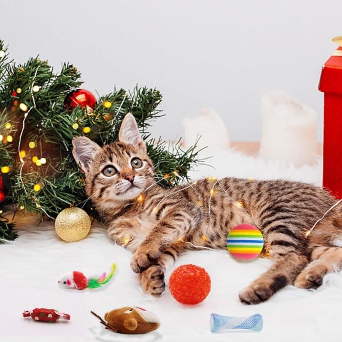 Christmas Stocking Cat Toys, 12PCS Xmas Cat Toy Set with Mouse, Squeaky Toys, Balls, Cat Teaser, Indoor Interactive Cat Gift - Image 5