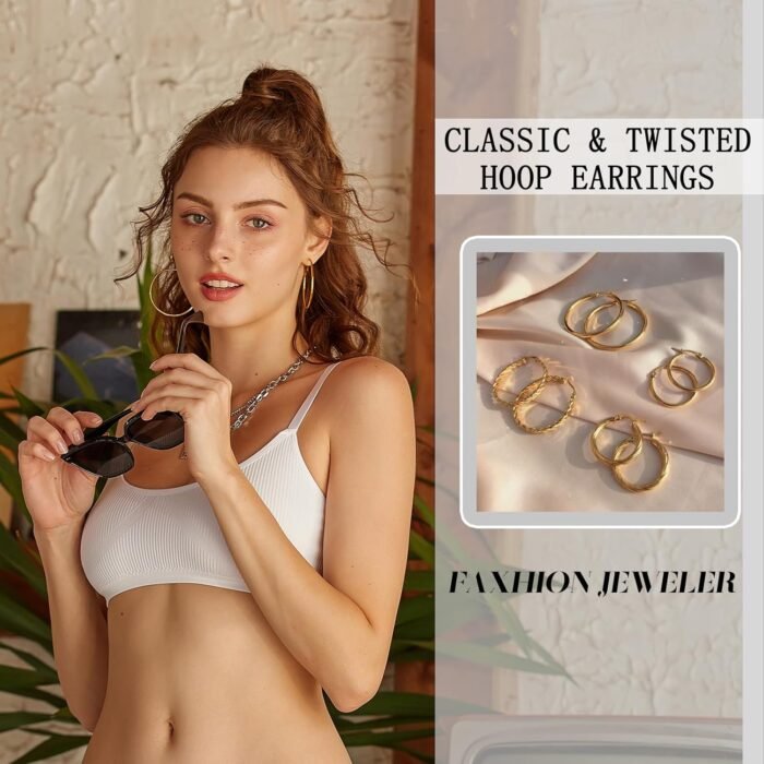 45 Pairs Gold hoop Earring Set for Women, Fashion Stud Pearl Earrings Multipack, Hypoallergenic Twisted Heart Earring Pack, Gold Hoops Earrings for Party Jewelry with Gift Bag - Image 4