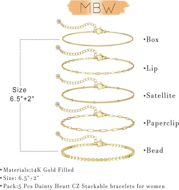 MBW Gold Bracelets for Women Trendy, Dainty 14K Gold Plated Bracelet Stack Beaded Chain Bracelet Set Thin Small Cute Paperclip Bracelets Fashion Waterproof Jewelry Gift Gold Accessories for Women - Image 5