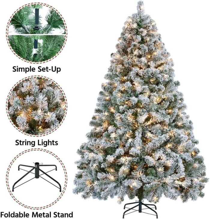Yaheetech 6ft Pre-lit Artificial Christmas Tree with Incandescent Warm White Lights, Snow Flocked Full Prelighted Xmas Tree W/820 Branch Tips, 250 Incandescent Lights & Foldable Stand, Green & White - Image 2