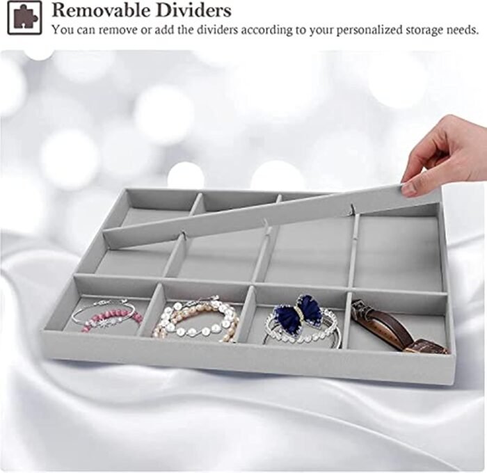 ProCase 3 Stackable Jewelry Trays Organizer Set for Drawers, Jewellery Drawer Insert Divider Jewel Display Storage with Removable Dividers for Earring Necklace Bracelet -Grey - Image 8