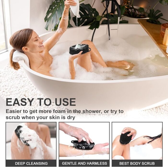 Metene Silicone Exfoliating Body Scrubber with Loop, Body Scrubber for Men and Women, Silicone Loofah for Shower, Soft Silicone Body Scrubber for Shower and Bath Skincare Routine (Black) - Image 6