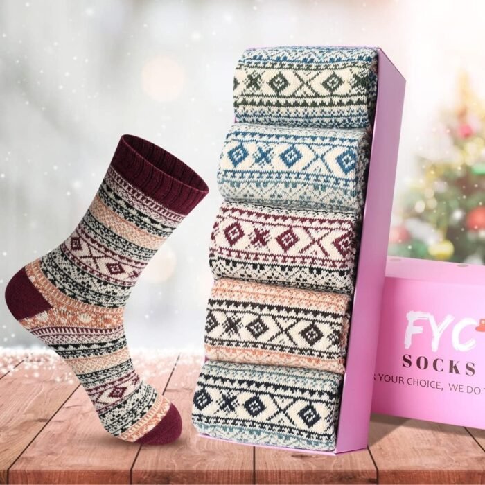 FYC Winter Womens Socks Wool Warm Thick Knit Cozy Crew Casual Vintage Soft Socks for Women Christmas Gifts Socks 5 Pairs - Image 6