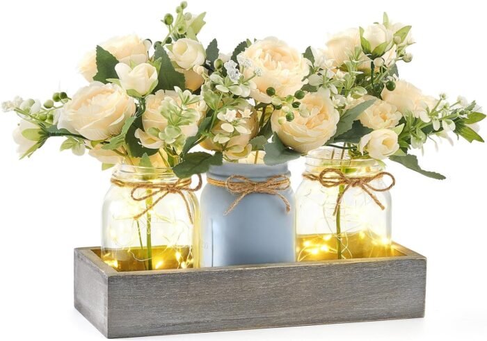 Mkono Mason Jar Lights Centerpiece Table Decorations for Dining Room Farmhouse Coffee Table Decor Tray with 3 Jars Flowers Christmas Centerpieces Decor for Kitchen Living Dining Room, Grey Blue - Image 8