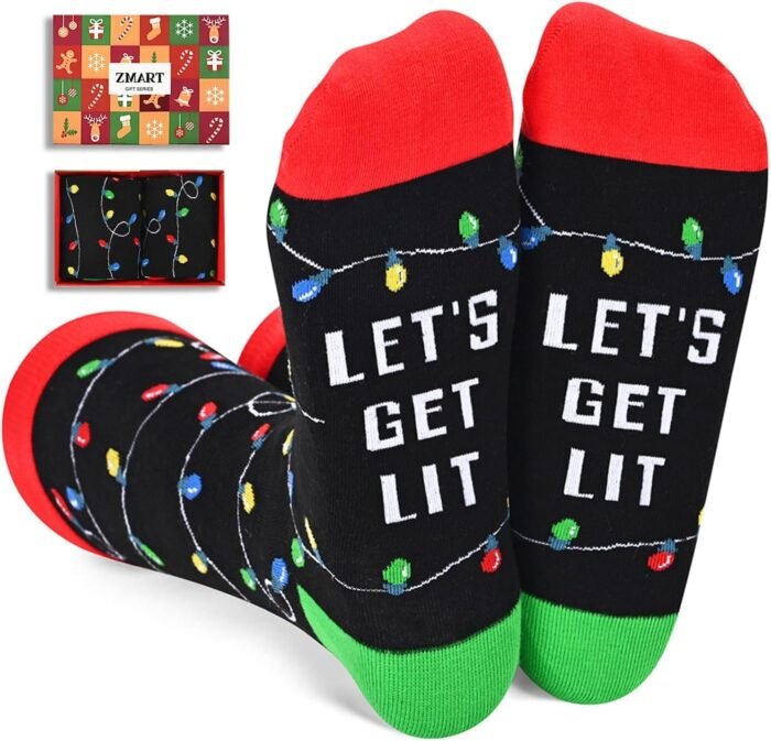 Zmart Christmas Gifts Stocking Socks for Men Women - Secret Santa Socks Xmas Stocking Stuffers for Mom Dad, Light Up Black Socks