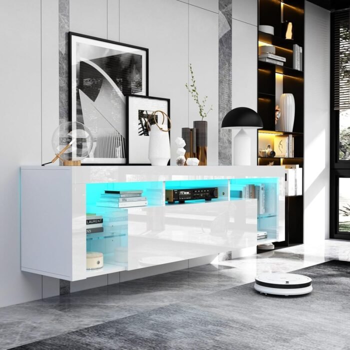 Gitua Floating TV Stand Wall Mounted, High Gloss LED Entertainment Center with Storage and Adjustable Glass Shelf, TV Stand for 65 Inch TV, Gaming Media Center Console Table with Lights, White - Image 6