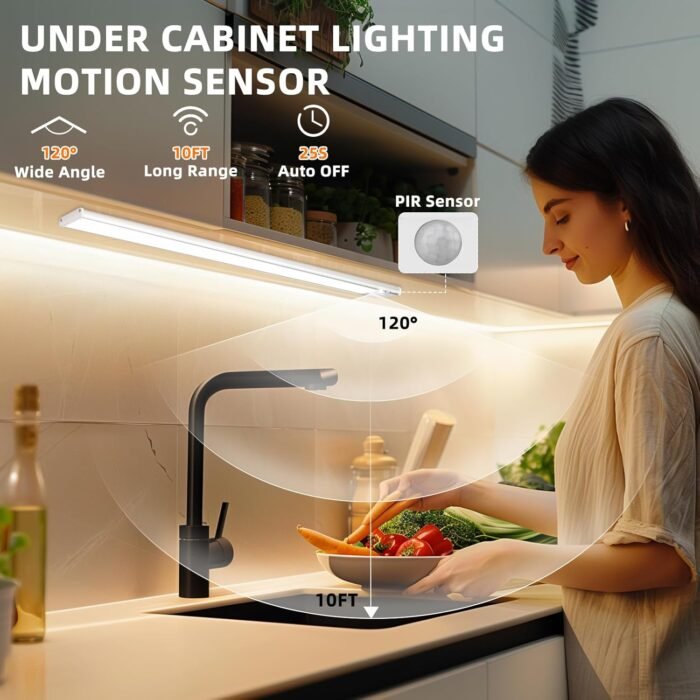 Under Cabinet Lighting Wireless, 74 LED Motion Sensor Light Indoor, 3 Color Dimmable Closet Lights Battery Operated, Rechargeable Magnetic Light, Under Counter Lights for Kitchen, Stairs, Home (3Pack) - Image 2
