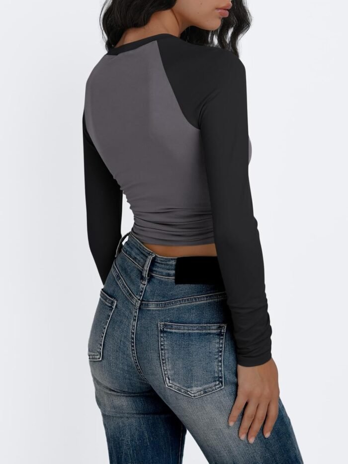 Trendy Queen Women's Long Sleeve Shirts Slim Fit Stretchy Color Block Slightly Cropped Tops - Image 4