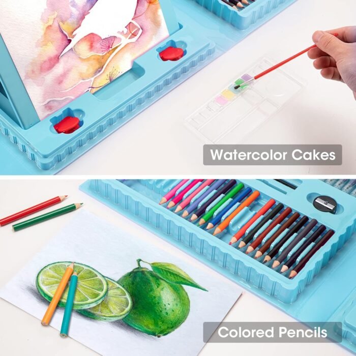 VigorFun Art Supplies, 240-Piece Drawing Art Kit, Gifts Art Set Case with Double Sided Trifold Easel, Includes Sketch Pads, Oil Pastels, Crayons, Colored Pencils, Watercolor Cakes, Stickers (Cyan) - Image 5