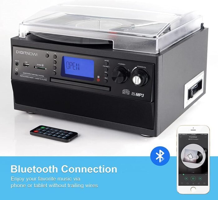 DIGITNOW Bluetooth Record Player Turntable with Stereo Speaker, LP Vinyl to MP3 Converter with CD, Cassette, Radio, Aux in and USB/SD Encoding, Remote Control, Audio Music Player Built in Amplifier - Image 2