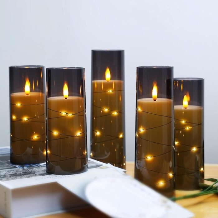 Flameless LED Candles with Timer 5 Pc Flickering Flameless Candles for Romantic Ambiance and Home Decoration Stable Acrylic Shell,with Embedded Star String，Battery Operated Candles（Grey） - Image 4