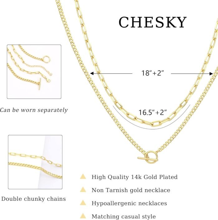CHESKY Gold Layered Necklaces for Women, 14K Dainty Gold Chain Necklace Women Trendy Cuban Link Paperclip Chain Toggle Clasp Necklace Fashion Chunky Jewelry for Women - Image 5