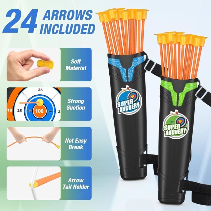 2 Pack Bow and Arrow for Kids, LED Light Up Archery Set with 24 Suction Cup Arrows, 1 Standing Target, 6 Score Targets & 2 Quiver, Indoor Outdoor Sport Gifts for Boys Girls Ages 4-12 - Image 3