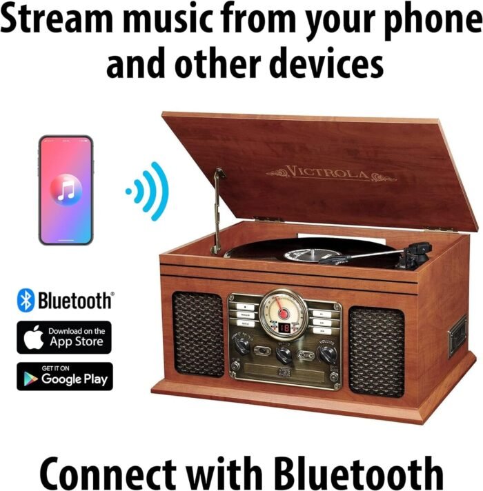 Victrola Nostalgic 6-in-1 Bluetooth Record Player & Multimedia Center with Built-in Speakers - 3-Speed Turntable, CD & Cassette Player, FM Radio | Wireless Music Streaming | Mahogany - Image 2