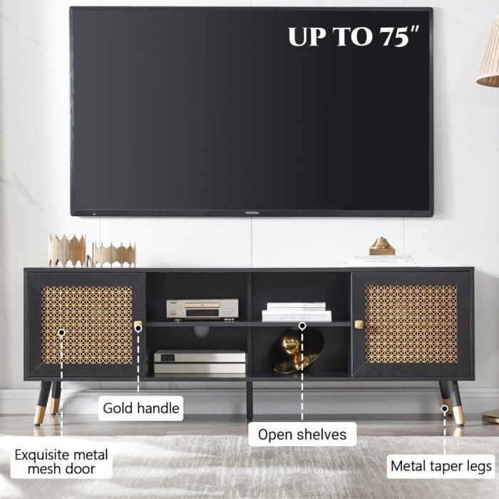 Modern Entertainment Center for TVs up to 75 inches, Boho TV Console with Storage Cabinet and Open Shelf, Black TV Cabinet, Large TV Stand for Living Room, Bedroom, Home Office - Image 5