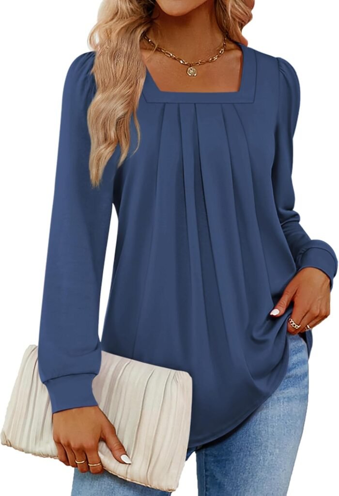 Funlingo 2024 Women's Long Sleeve Tops Dressy Pleated Square Neck Tunic Blouses Casual Loose Shirts - Image 2