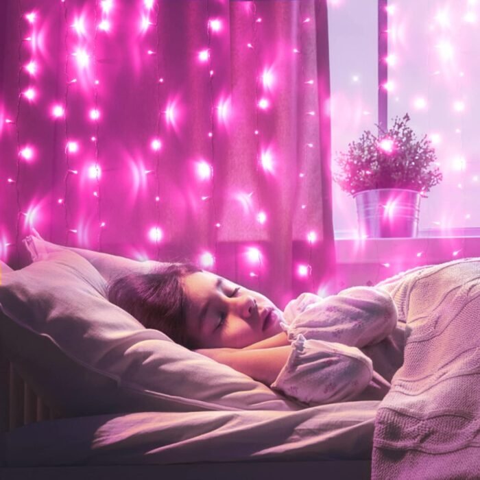 JMEXSUSS 300 LED Pink Christmas Curtain Lights Indoor, Pink String Lights Plug in, 8 Modes Pink Fairy Lights for Bedroom Window Wall Party Backdrop Valentine Xmas Decorations, 9.8x9.8ft - Image 7