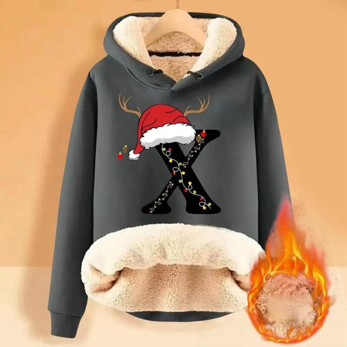Women's Christmas Letters Printed Hoodie Thick Wool Winter Warm Pullover Tops Fashion Sweatshirt Womens Shirt - Image 3
