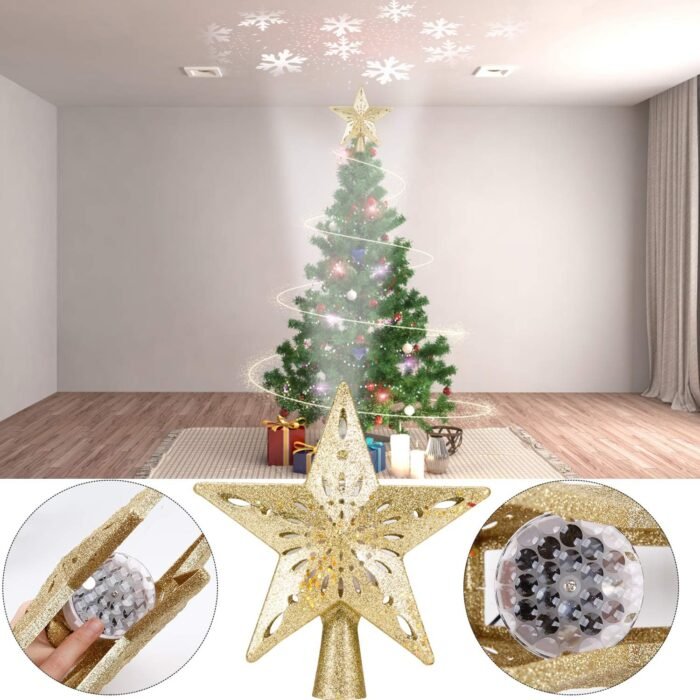 DG-Direct Christmas Tree Topper Lighted Star [Gold],3D Hollow Sparkling Star Christmas Tree Topper with Rotating Magic Cool White Snowflake Projector for Christmas Tree Ornament (Gold) - Image 3