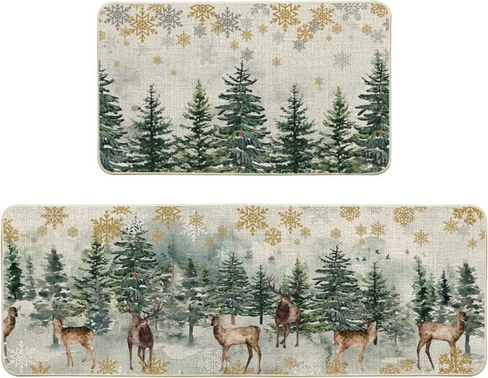 Artoid Mode Xmas Trees Deer Snowflakes Christmas Kitchen Mats Set of 2, Winter Home Decor Low-Profile Kitchen Rugs for Floor - 17x29 and 17x47 Inch