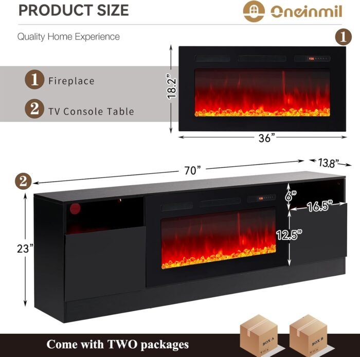 oneinmil Fireplace TV Stand with 36" Electric Fireplace, LED Light Entertainment Center, Modern Wood Texture Entertainment Stand with Highlight Storage Cabinet for TVs Up to 80", 70 inches, Black - Image 2