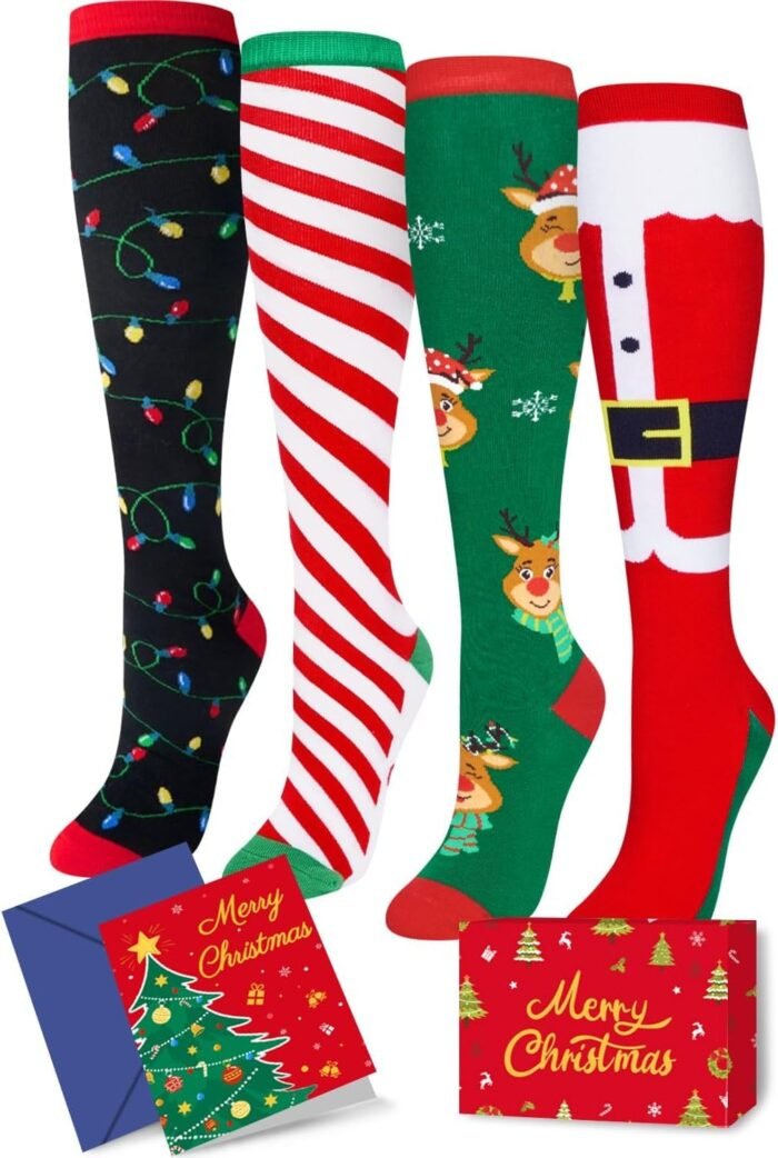 HAPPYPOP Christmas Gifts Stocking Socks for Women - Christmas Knee High Light Up Twisted Socks, Secret Santa Xmas Stocking with Greeting Card for Teen Girls