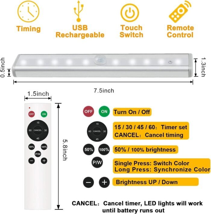 Diomart Under Cabinet Lighting, Wireless Rechargeable Under Counter Lights with Remote Control, 20- LED Dimmable Led Closet Light Stick-on Anywhere Touch Night Light for Kitchen, Wardrobe (4 Pcs) - Image 6