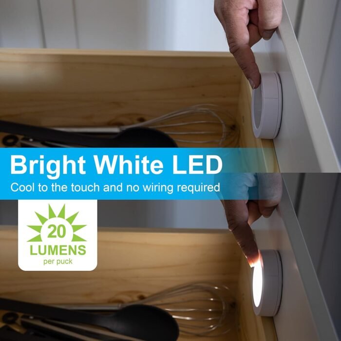 GE Wireless LED Puck Lights, Battery Operated, 20 Lumens, Touch Light, Tap Light, Stick On Lights, Under Cabinet Lighting, Ideal for Kitchen Cabinets, Closets, Garage, 6 Pack, 45994 - Image 5