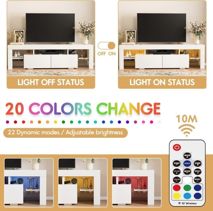 JUMMICO TV Stand, Modern Lighting TV Cabinet Entertainment Center Media and Open Shelf, TV Console Table with 1 Drawer and Remote Control, 20 Color LED Lights up to 70 Inch TV (White) - Image 4