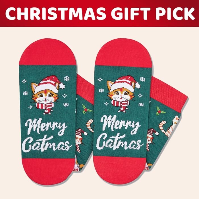 HAPPYPOP Christmas Gifts Stocking Socks for Cat Lovers - Christmas Socks for Teens, Green Cat Mom Dad Socks for Women Men with Greeting Card - Image 6
