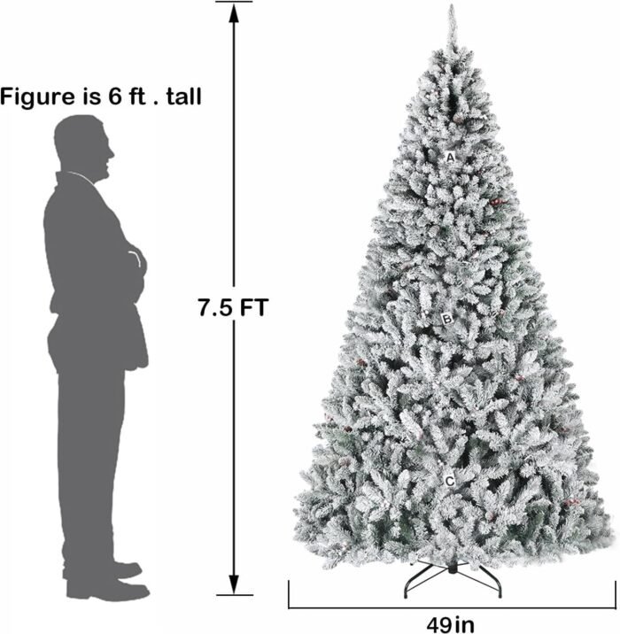 Hykolity 7.5 ft Prelit Snow Flocked Christmas Tree, Artificial Christmas Tree with Pine Cones and Berries, 450 Color Changing LED Lights, 1446 Branch Tips, Metal Stand and Hinged Branches, 10 Colors - Image 7