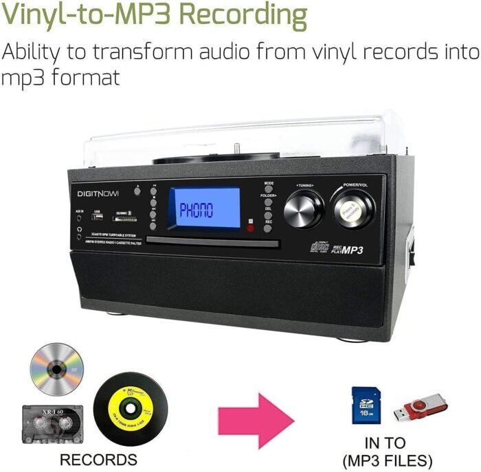 DIGITNOW Bluetooth Record Player Turntable with Stereo Speaker, LP Vinyl to MP3 Converter with CD, Cassette, Radio, Aux in and USB/SD Encoding, Remote Control, Audio Music Player Built in Amplifier - Image 5